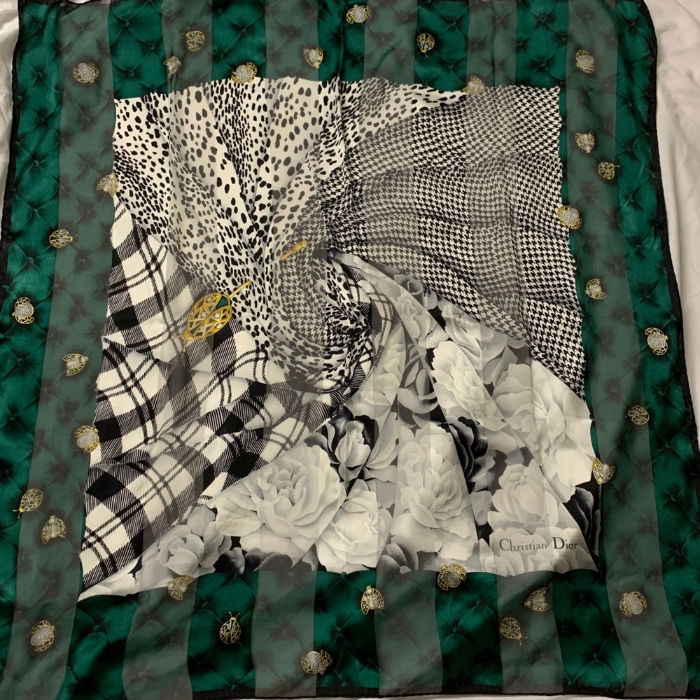 Christian Dior green and black silk scarf 30x30 in